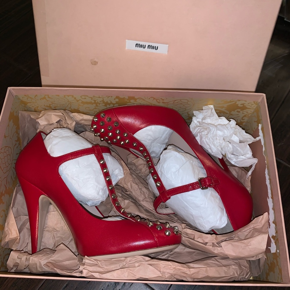 NEVER WORN Red Miu Miu studded T-Strap Mary Janes - Picture 7 of 7
